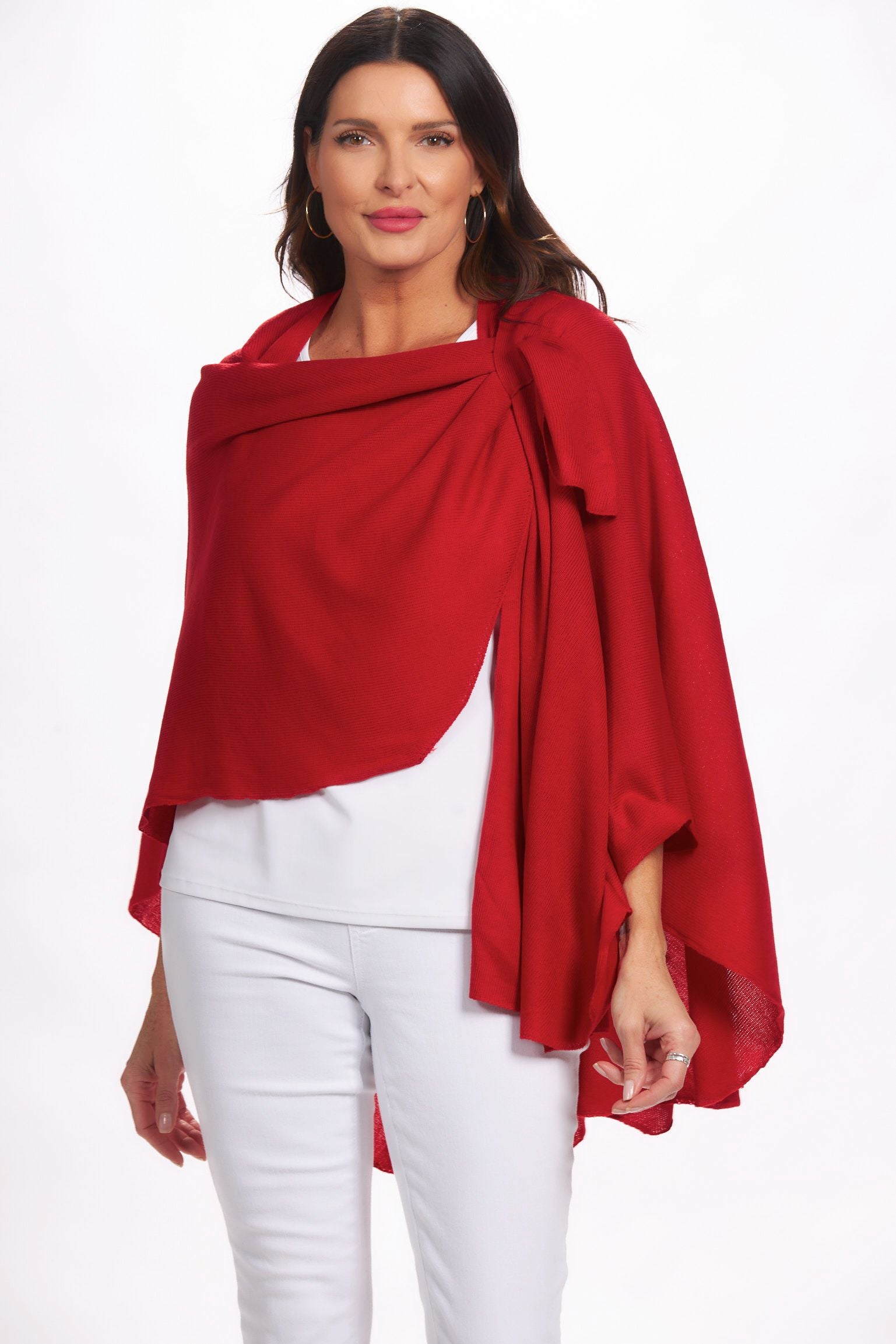Front image of magic scarf loop and pull through wrap. Red drapey cardigan.