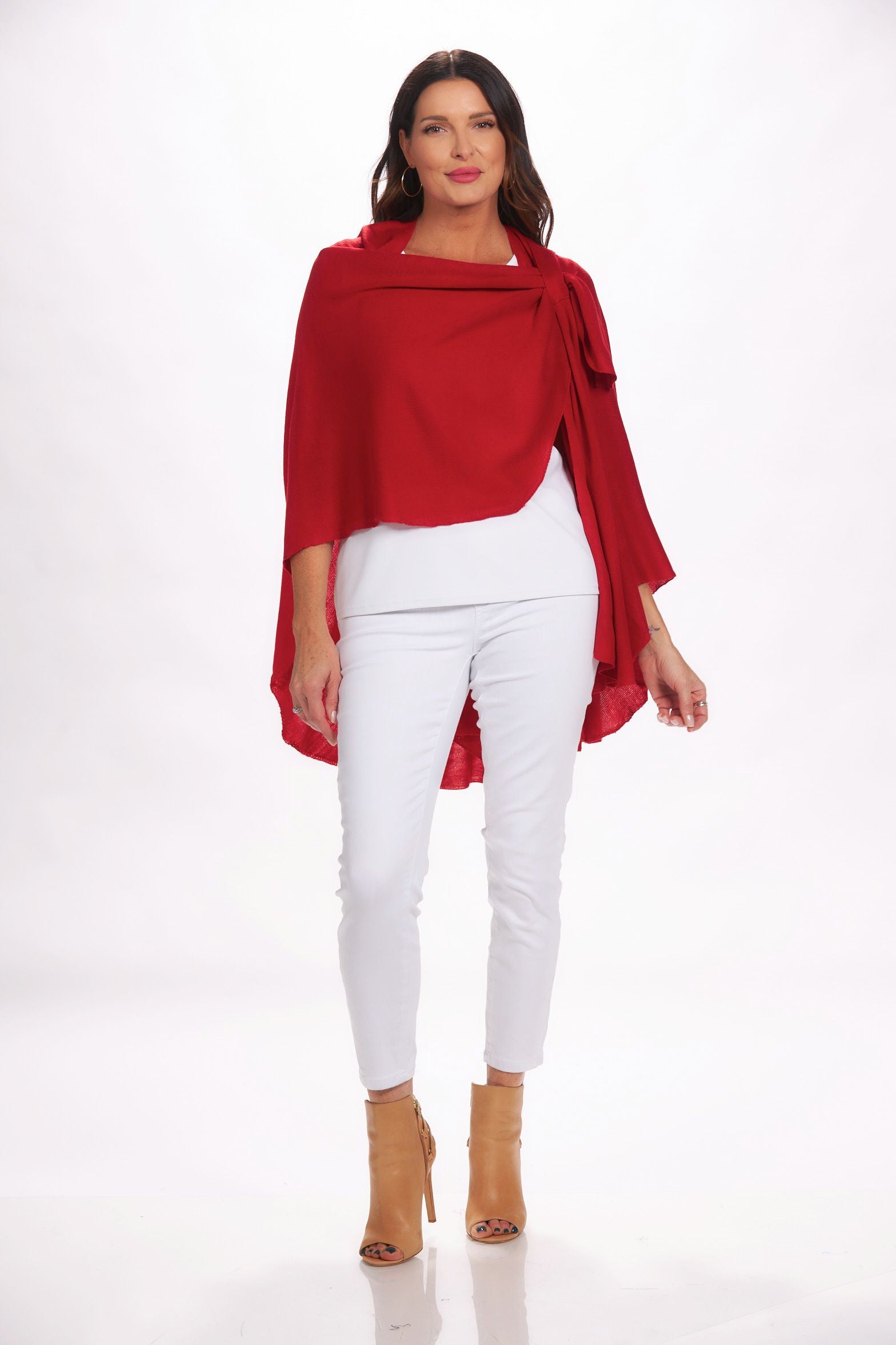 Front image of magic scarf loop and pull through wrap. Red drapey cardigan.