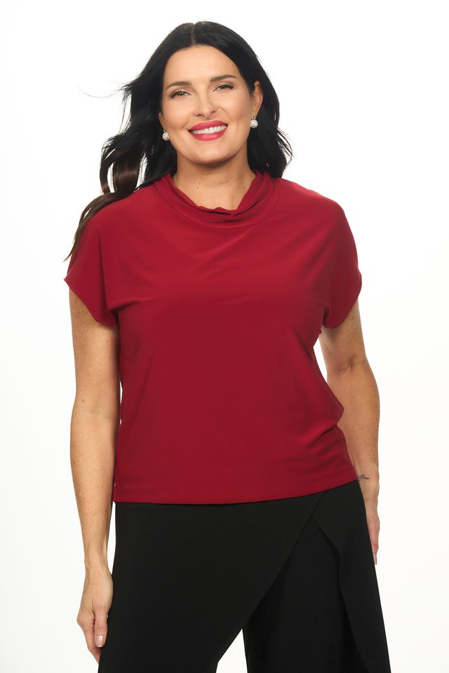 Front image of Picadilly red short sleeve cowl neck top.