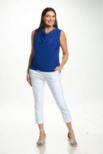 Front image of Mimozza cowl neck tank in royal blue. 