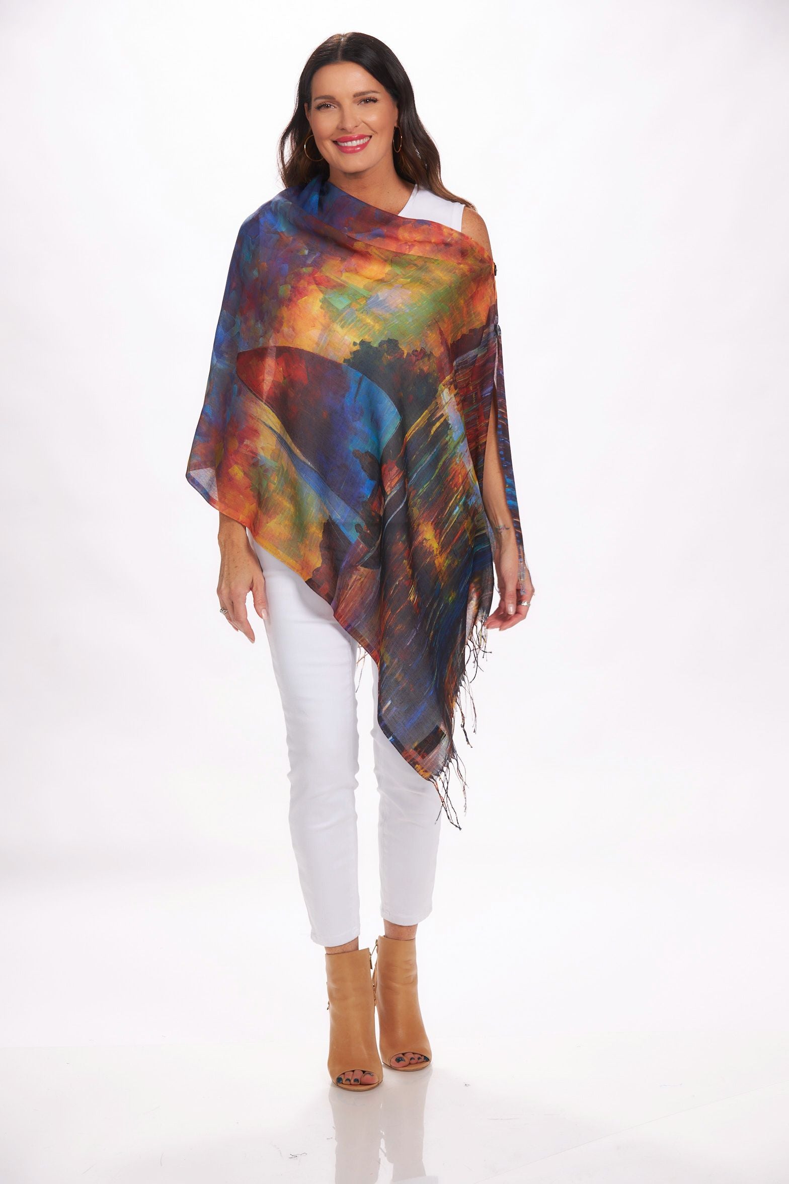 Front image of art design wrap. Sailboat printed shawl.