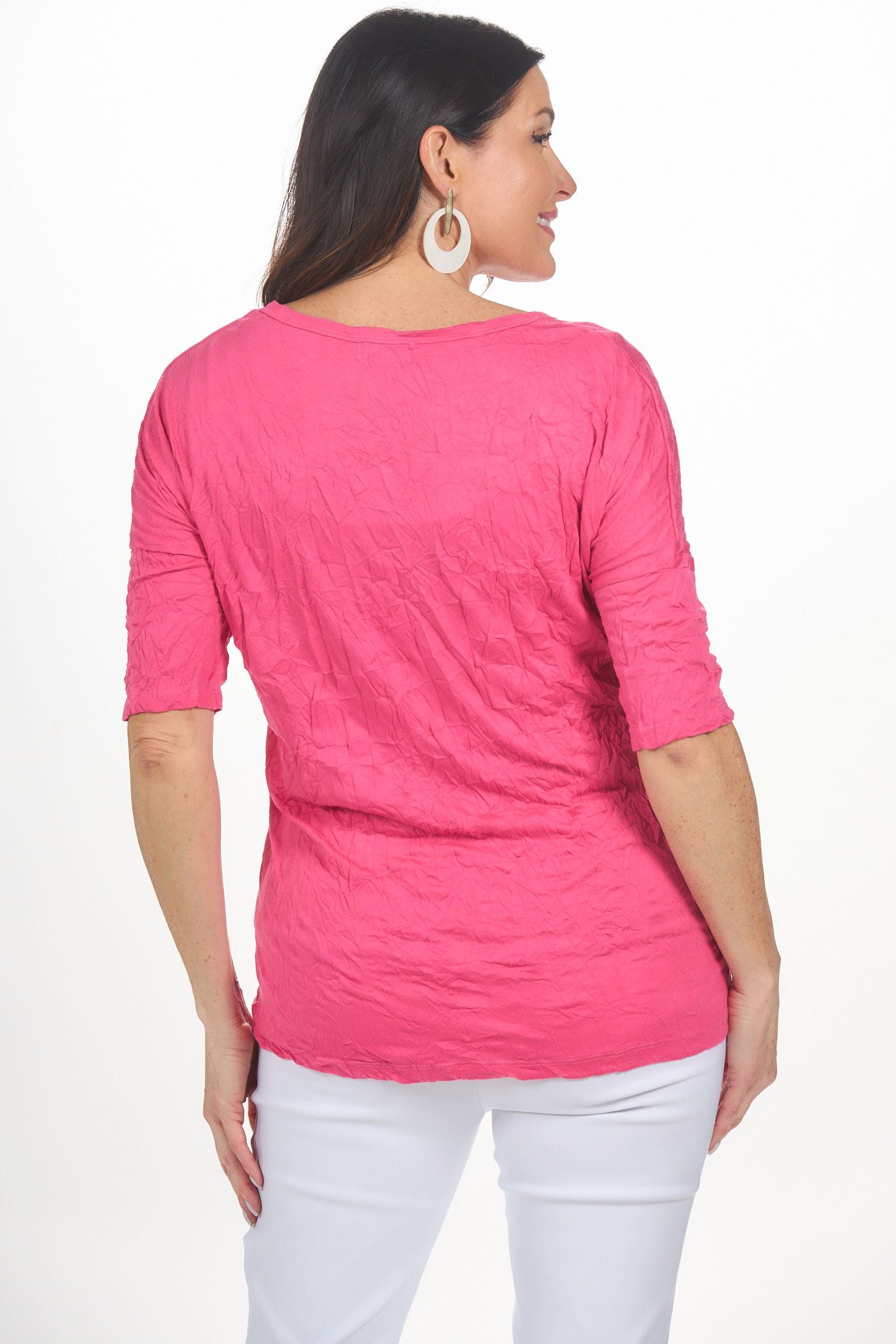Back image of Shana 2 pocket crinkle top in pink.