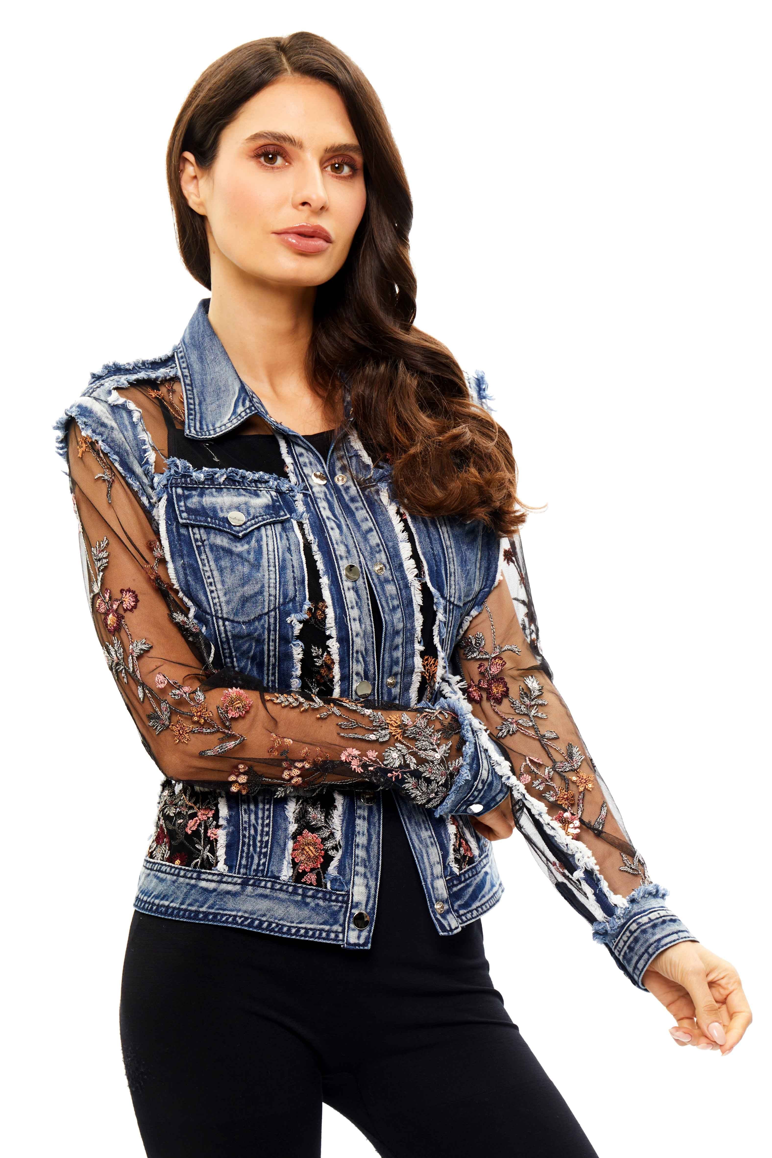 Front image of sheer sleeve denim jacket with embroidery by adore.