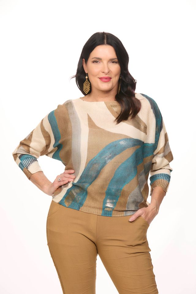 Camel abstract printed sweater.