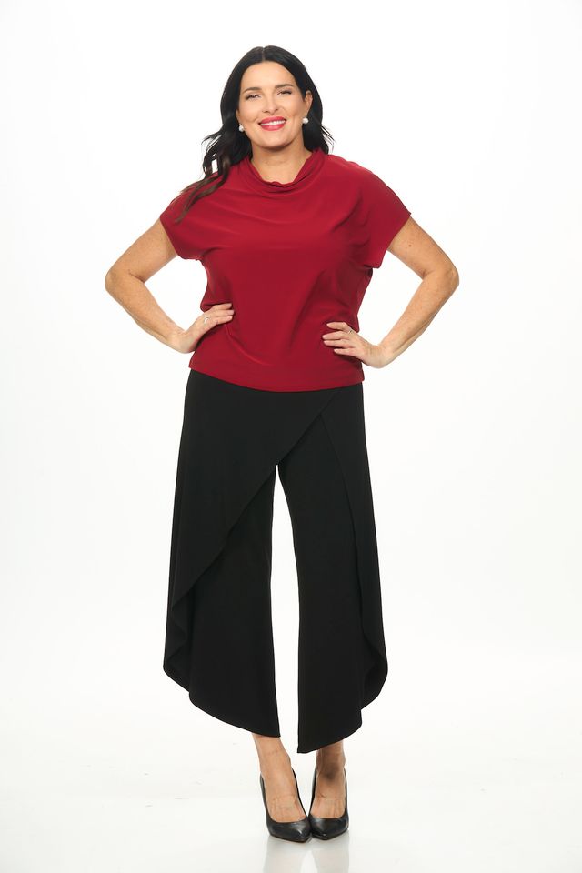 Front image of Picadilly red short sleeve cowl neck top.