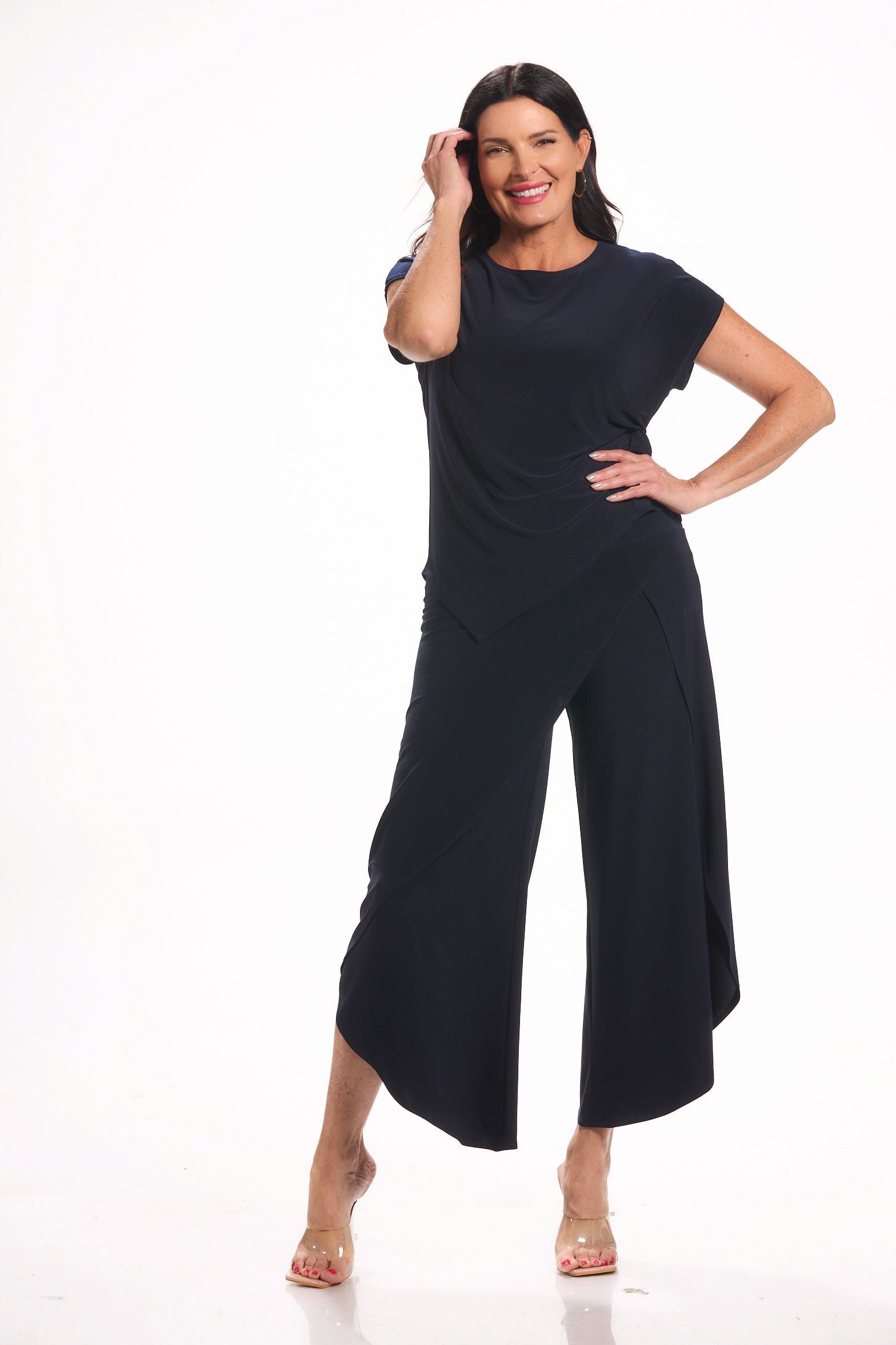 Front image of navy pull on wrap pant.