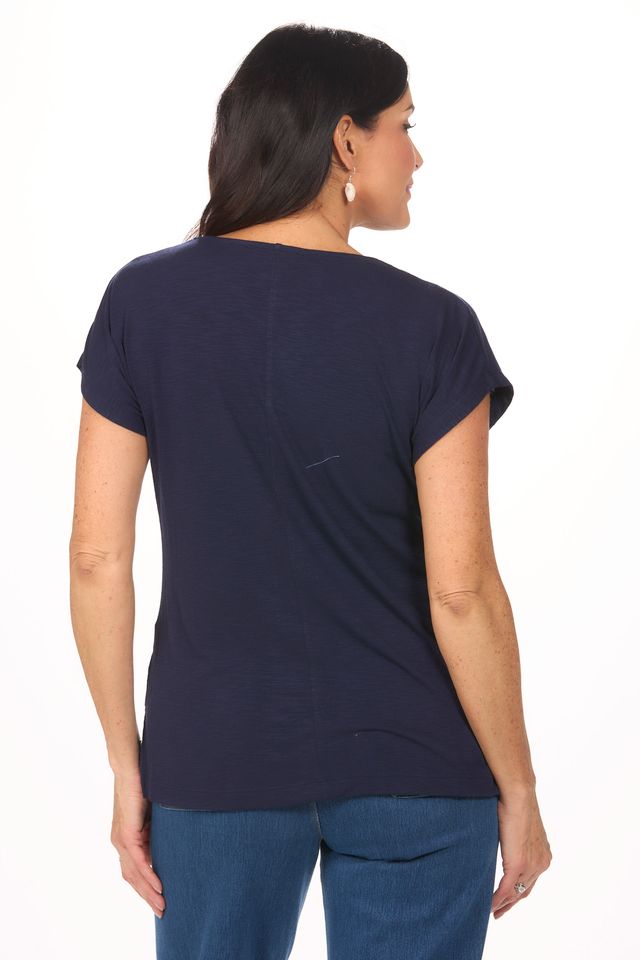 Back image of Nally & Millie short cap sleeve navy top.