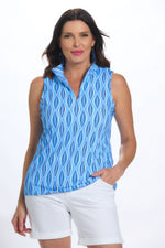 Front image of deep sea blue printed sleeveless top. 