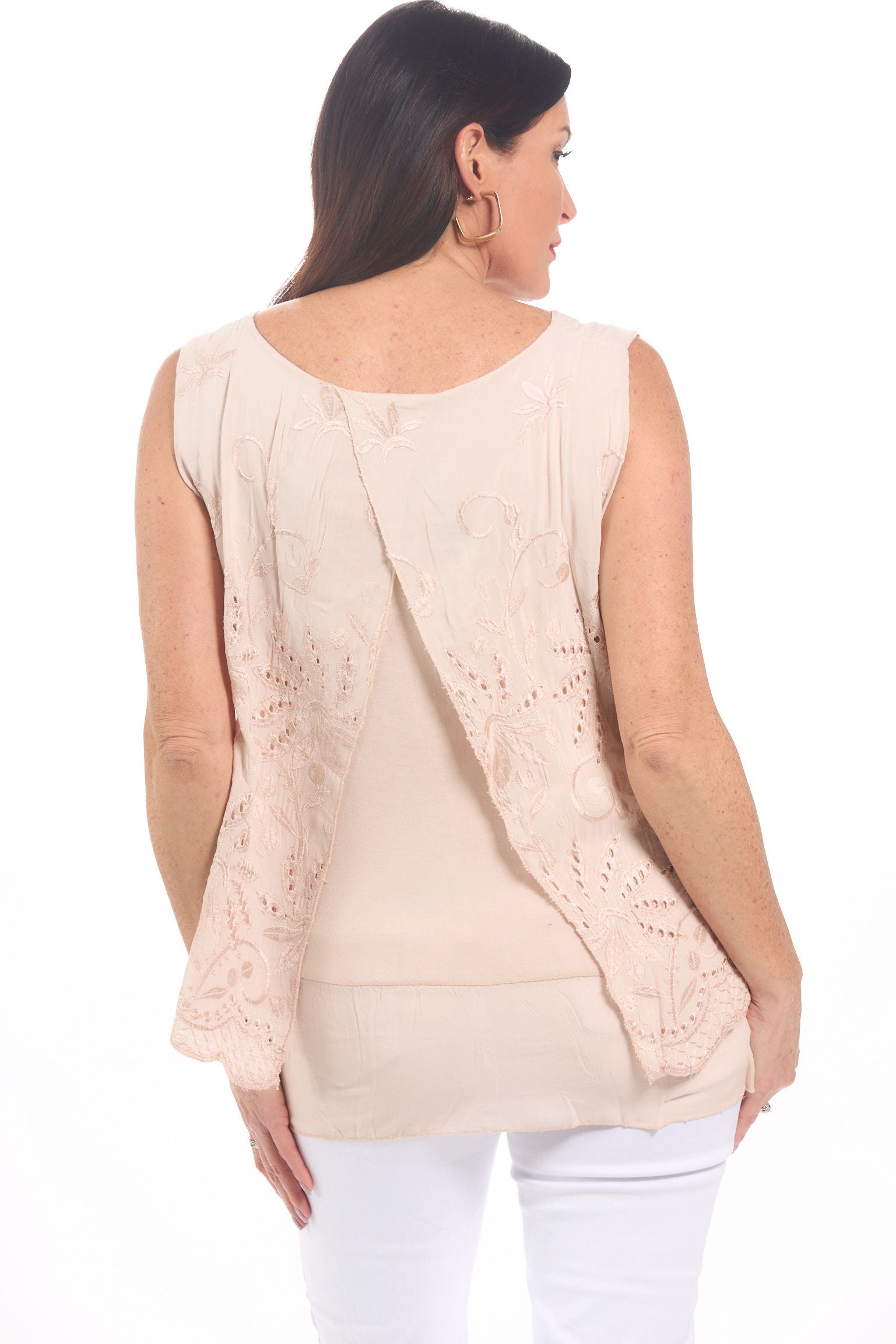 Back image of M made in italy eyelet blush tank top.