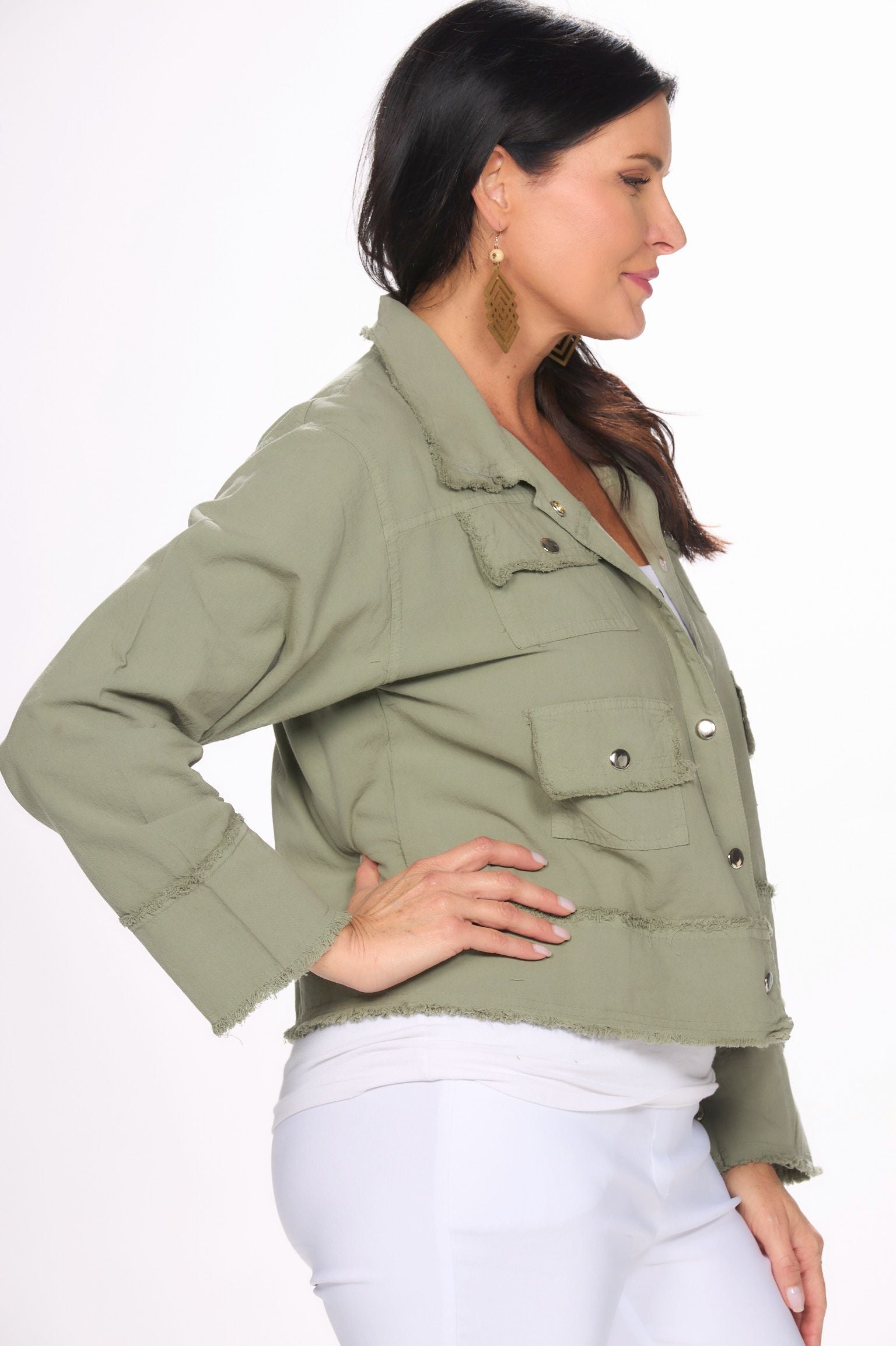Side image of Giocam olive gio jacket.