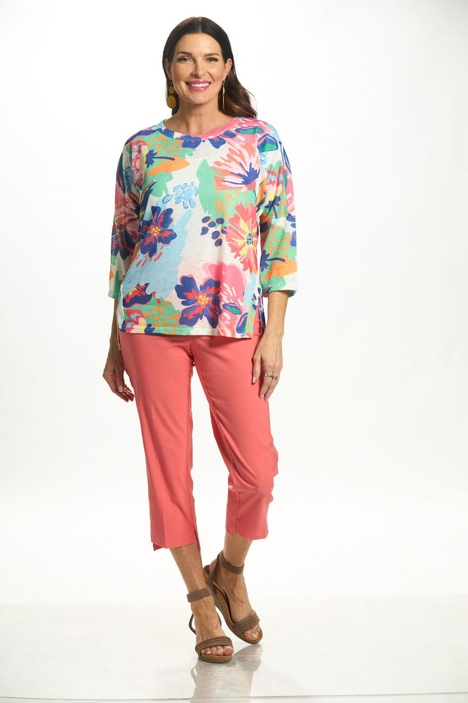 Front image of UP! coral high/low capri. 