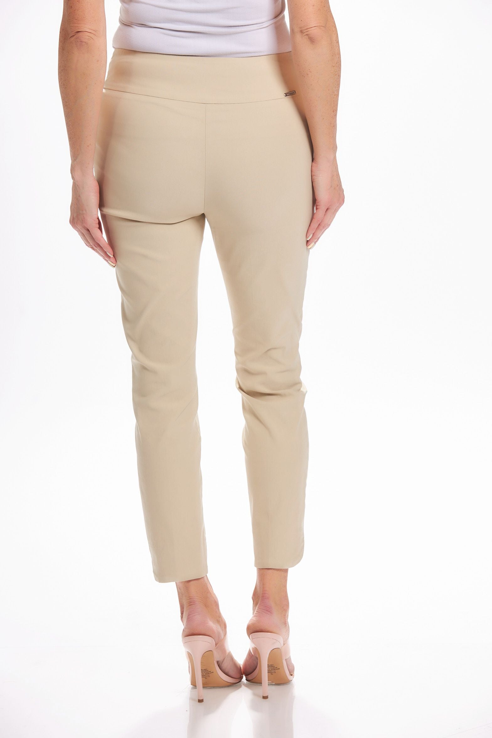 Back image of UP! Petal leg ankle pants. Stone colored basic pull on pants.