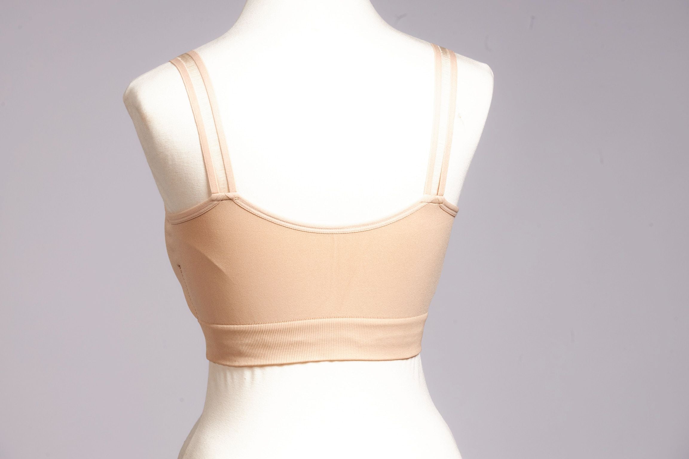 Back image of strap-its bra plus size. Nude sheer strap bra.