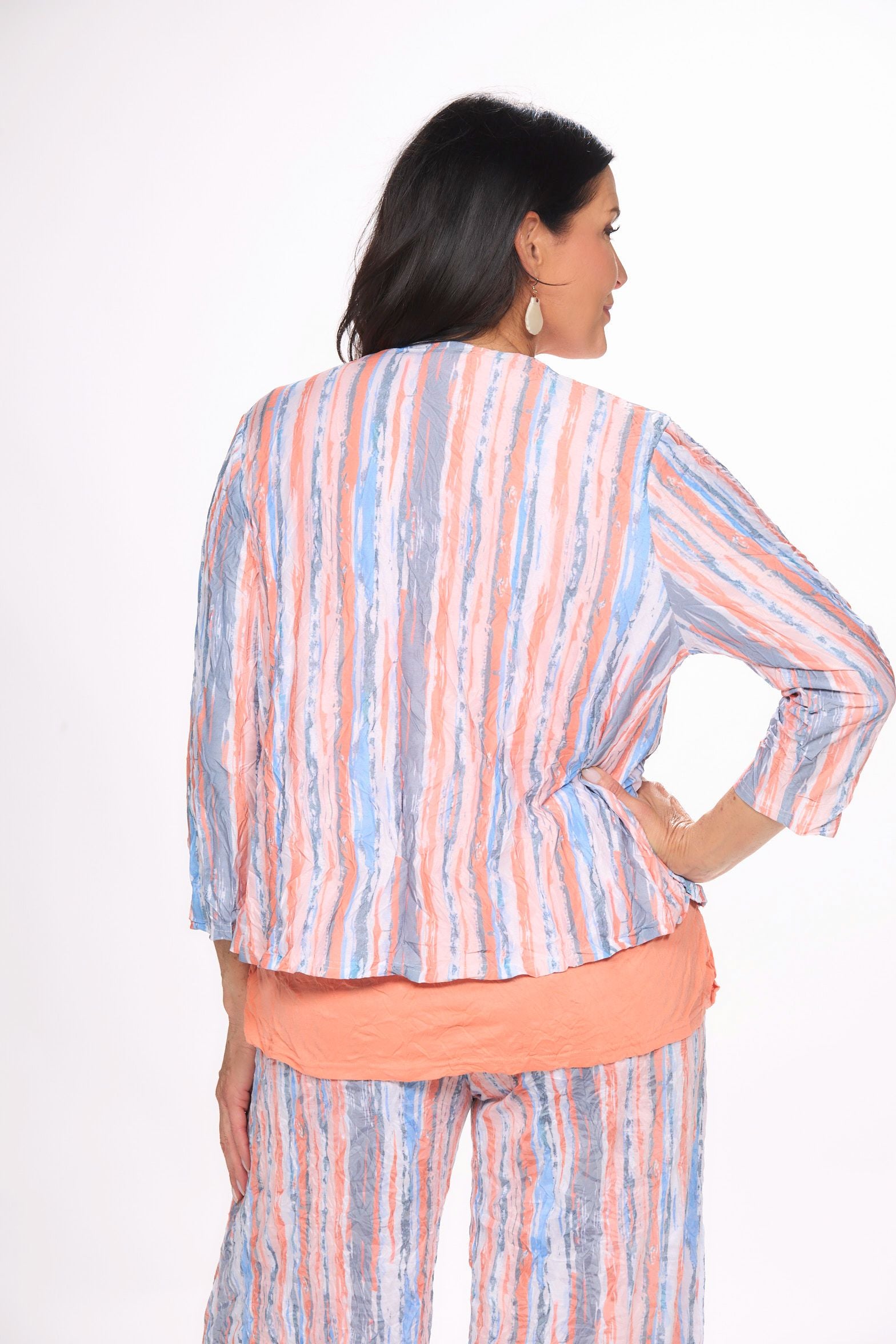 Back image of Shana crinkle stripe mesh cardigan.