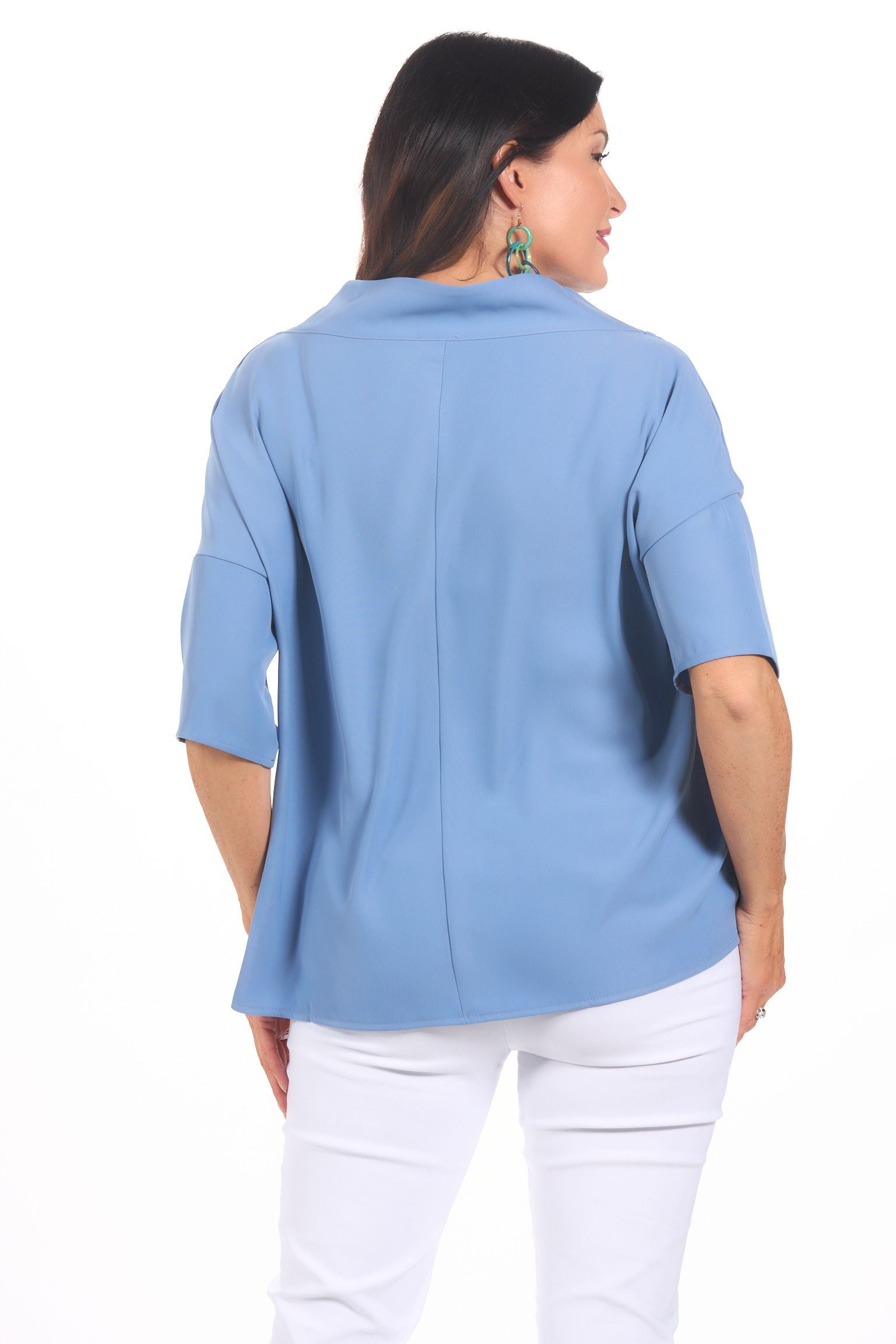 Back image of suzy d london cowl neck top in airforce blue.