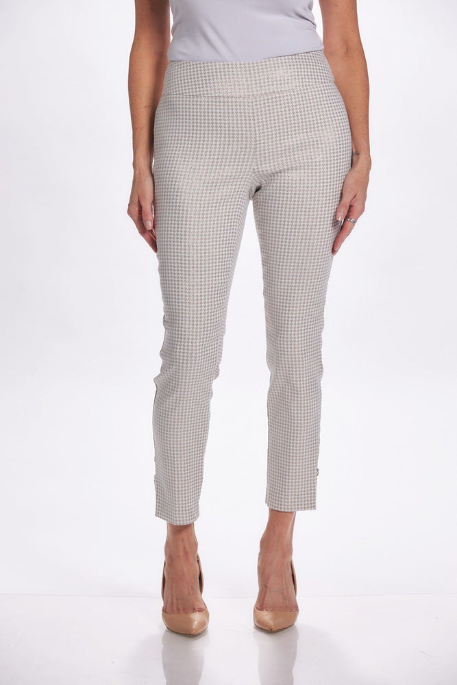 Front image of Up! techno slim pants. Houndstooth printed pants. 