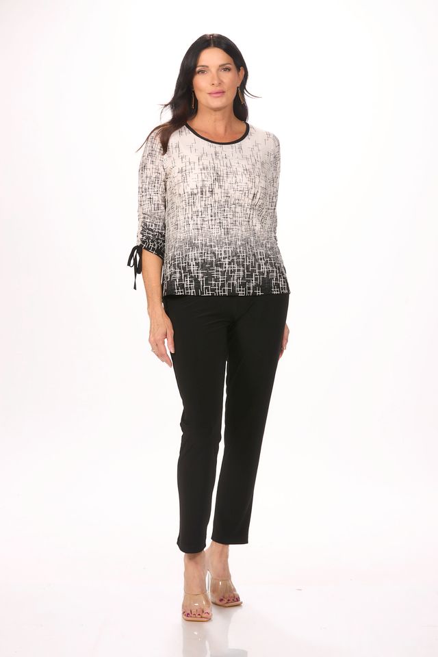 Front image of Picadilly rouche arm printed khaki top.