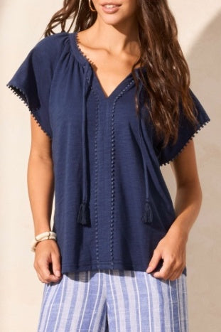 Short Sleeve Split Neck Top with Tassel