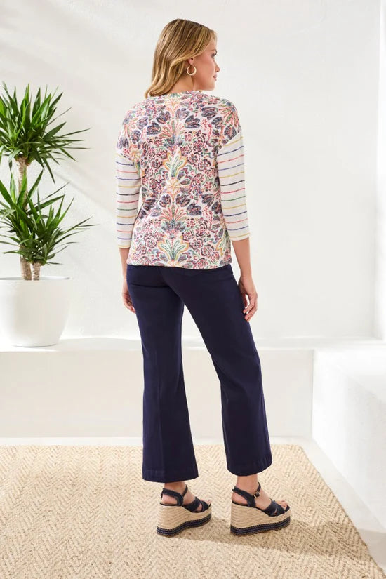 Back Full Body Image of Patchington 3/4 Crew Neck Print Hatchi Top in Coral Red