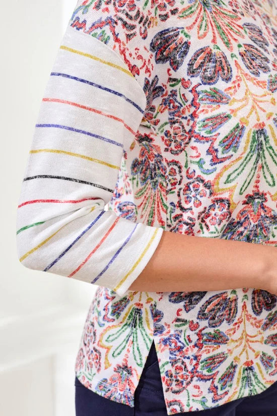 Close Up of Sleeve Image of Patchington 3/4 Crew Neck Print Hatchi Top in Coral Red