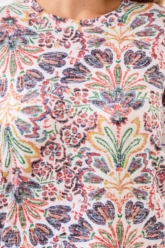 Close Up of Pattern Image of Patchington 3/4 Crew Neck Print Hatchi Top in Coral Red