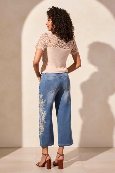 Back image of Tribal embroidered denim pant.