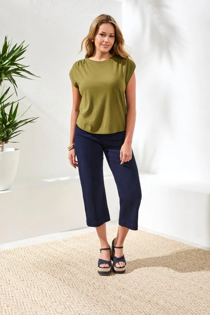 Boat Neck Cap Sleeve Linen Top