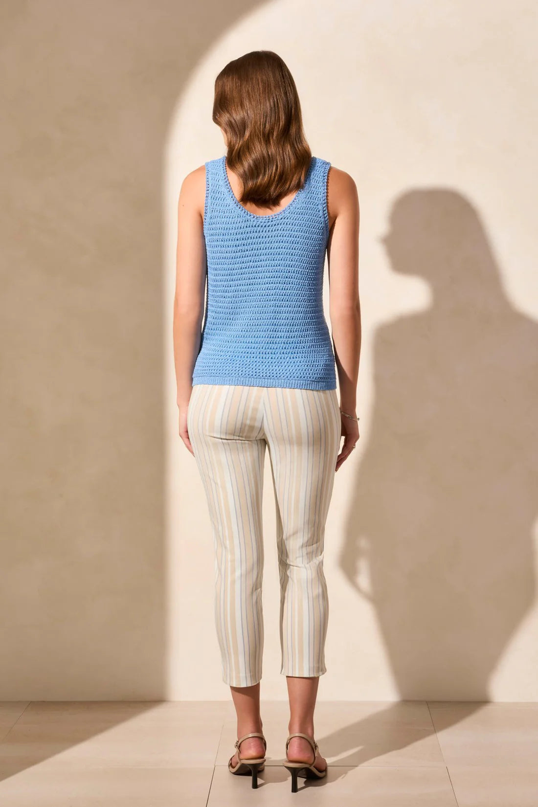 Back image of Tribal crochet blue tank.