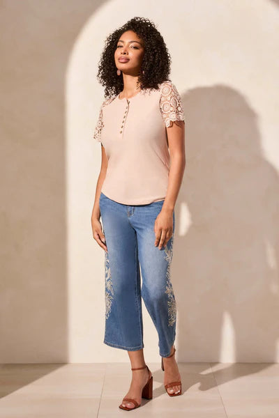 Front image of Tribal short sleeve henley top in seashell.