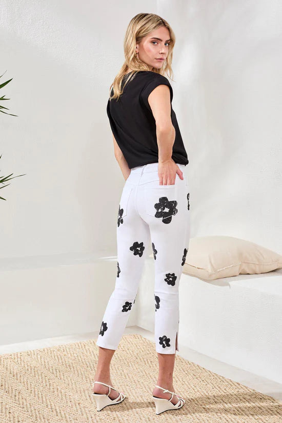 Back Full Body View Image of Patchington Audrey Print Slim 25" Crop in White/Black