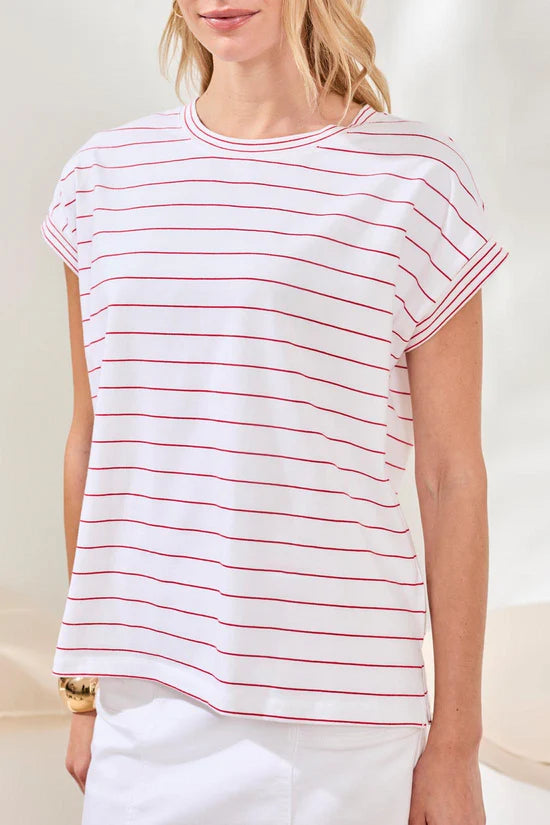 Front View Image of Patchington Cap Sleeve sangria Stripe Combo Top in Sangria Stripe