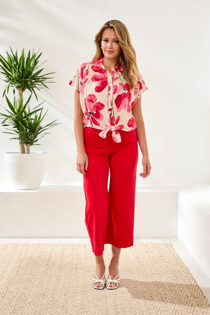 Front Full Body View Image of Patchington Short Sleeve Button Front Print Blouse in Sangria Print