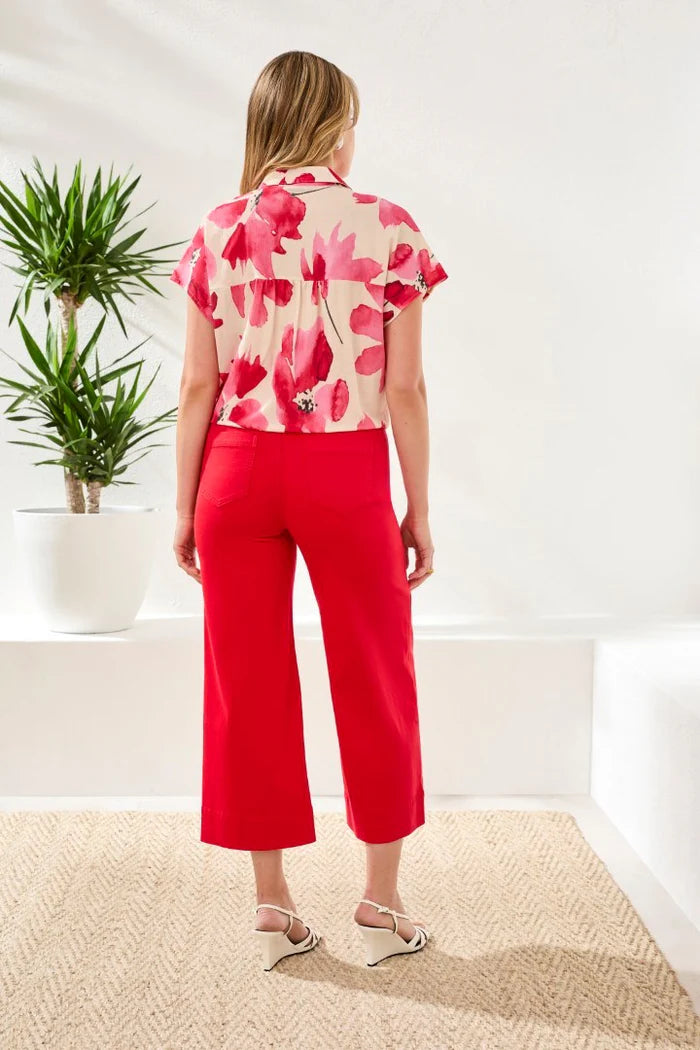 Back Full Body View Image of Patchington Short Sleeve Button Front Print Blouse in Sangria Print