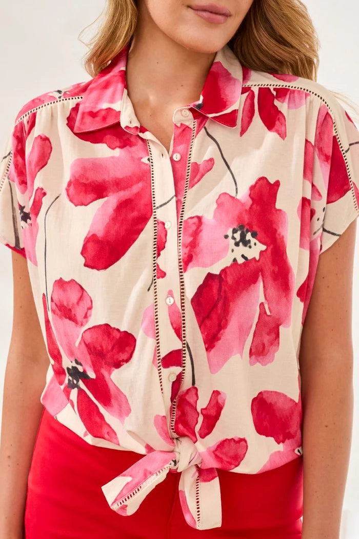 Front View Image of Patchington Short Sleeve Button Front Print Blouse in Sangria Print