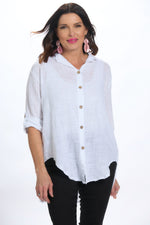 Front image of made in italy button front white top. 