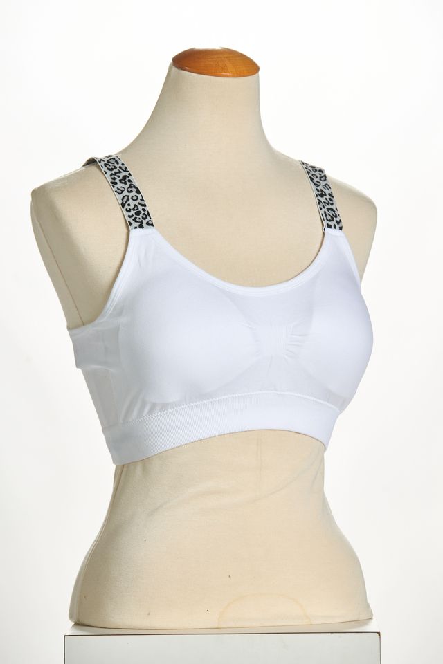Front image of strap its white cheetah bra.