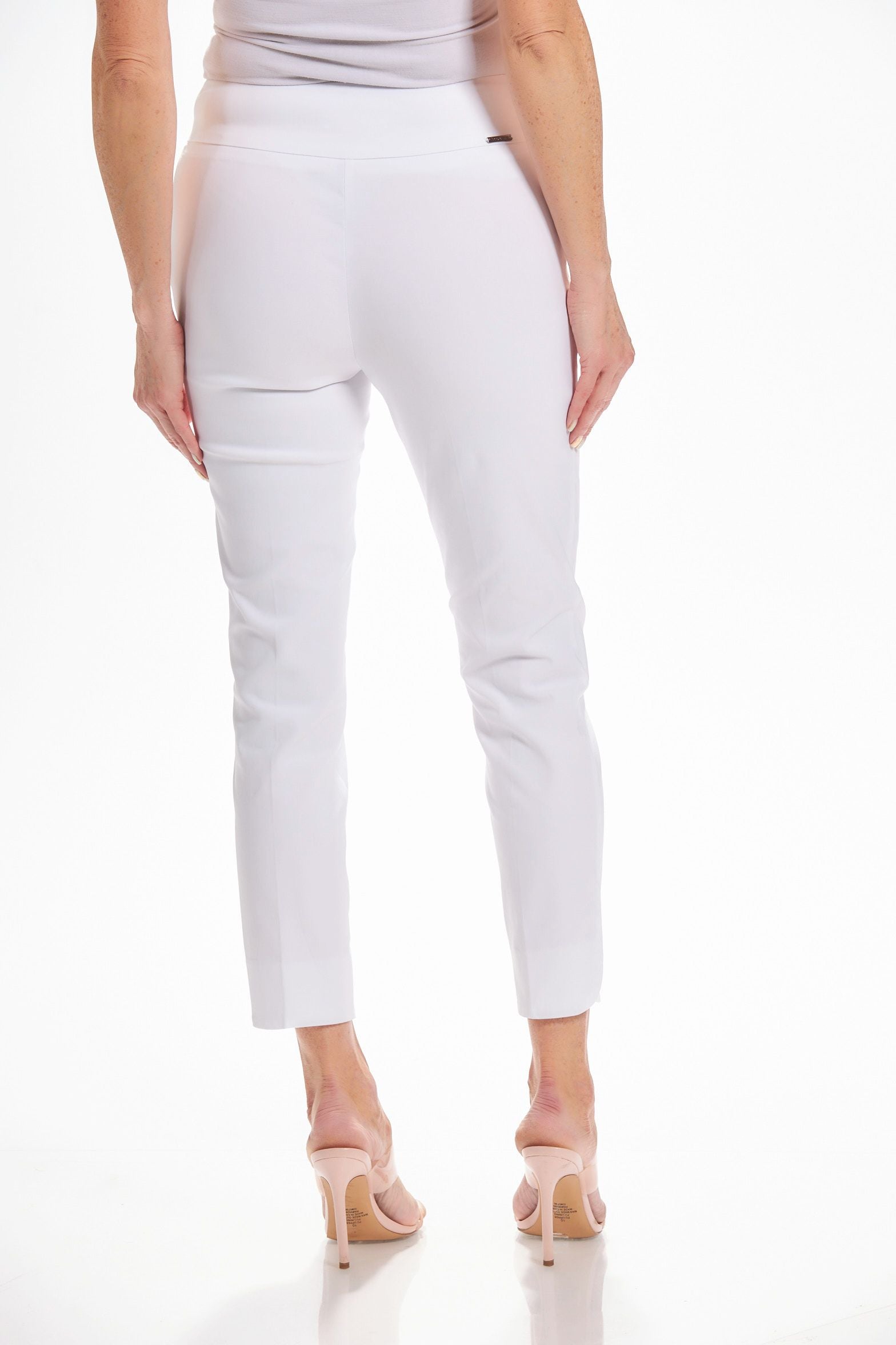 Back image of UP! petal leg ankle pants. White pull on basic pants.