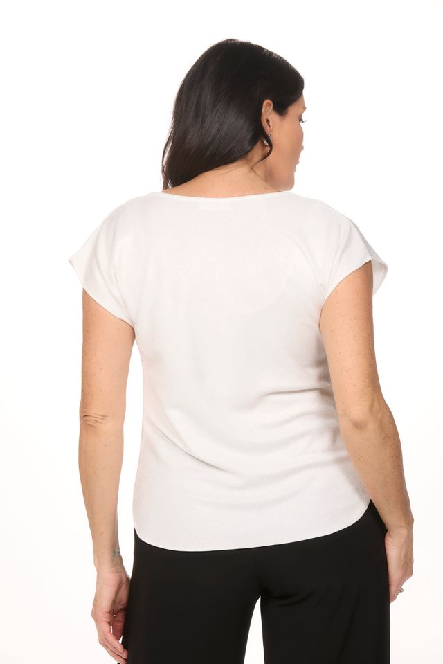 Back image of look mode short sleeve white cowl neck top.