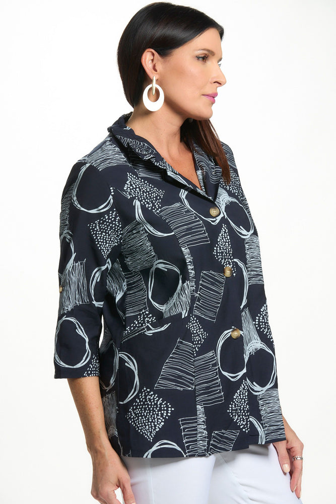 Side image of Fashion Cage navy printed wire collar top. 