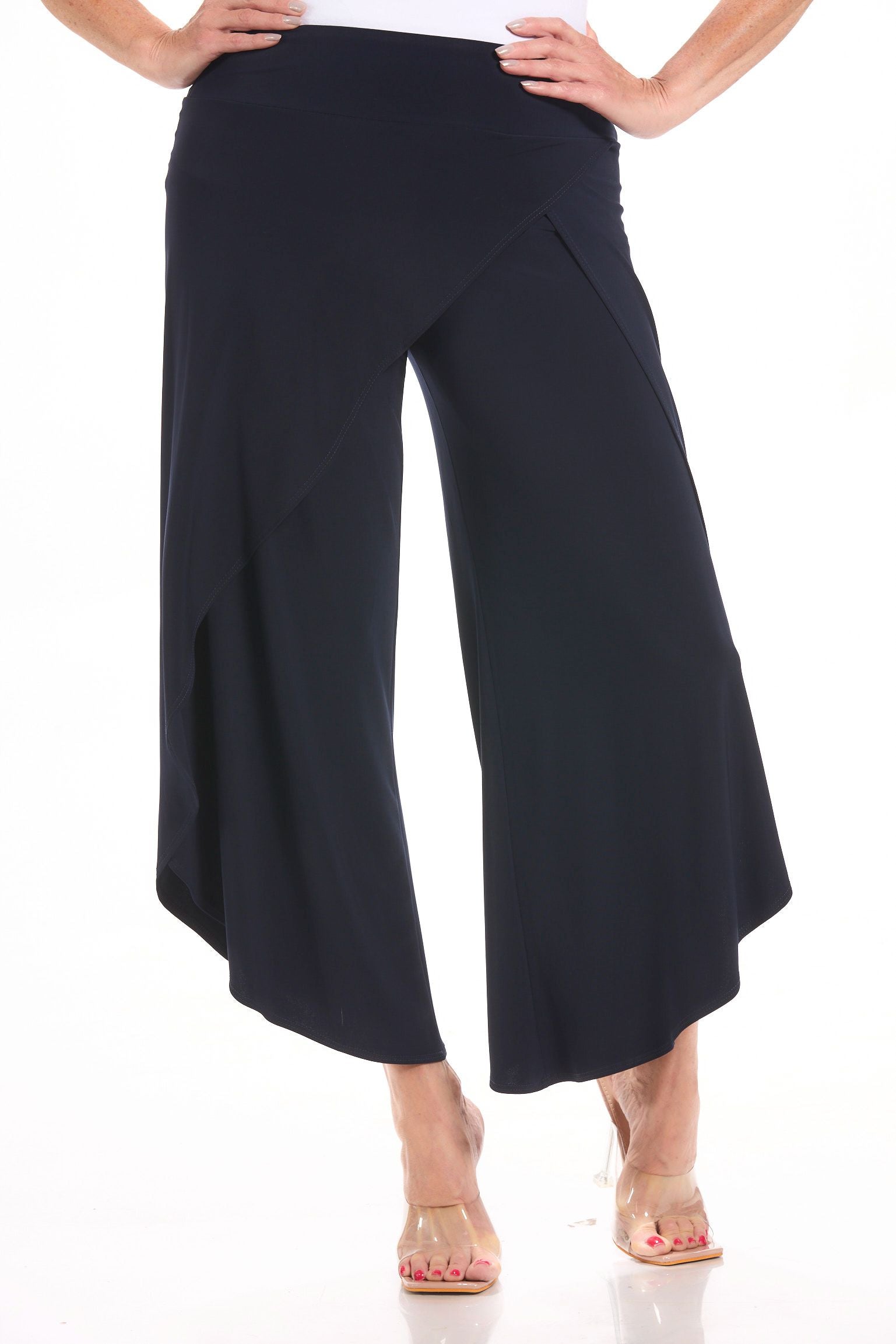 Front image of navy pull on wrap pant.