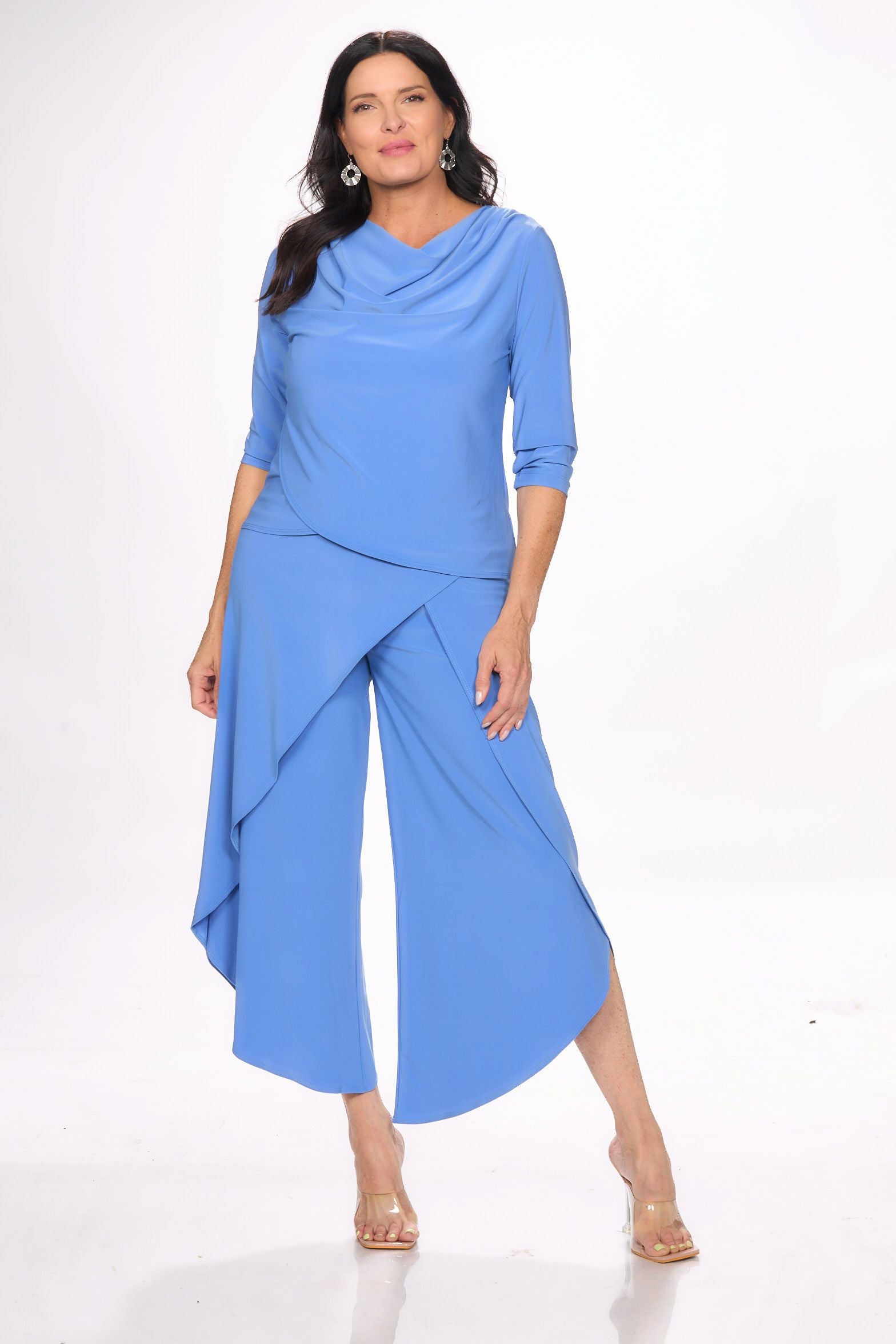 Front image of Picadilly pull on light blue wrap pant.