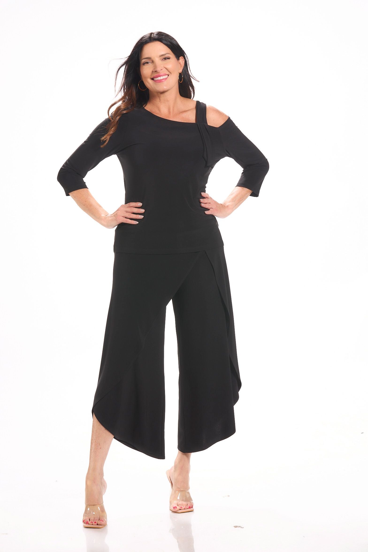 Front image of Picadilly pull on black wrap pant.