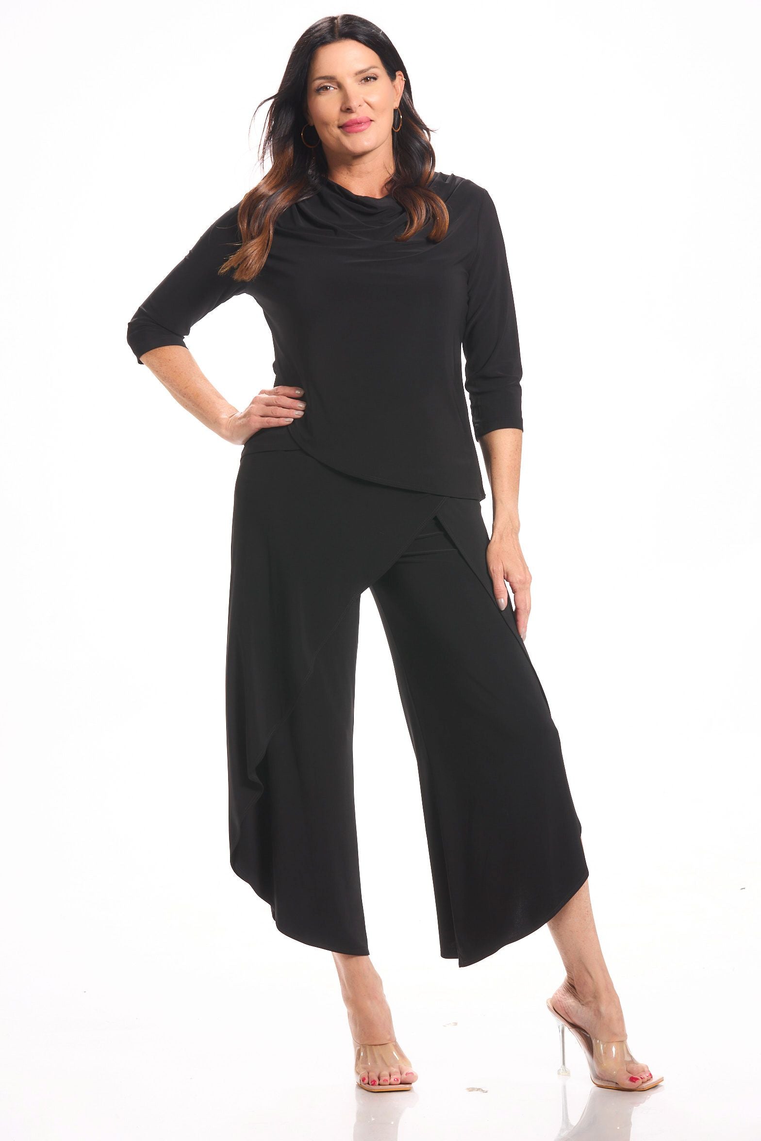 Front image of Picadilly pull on black wrap pant.