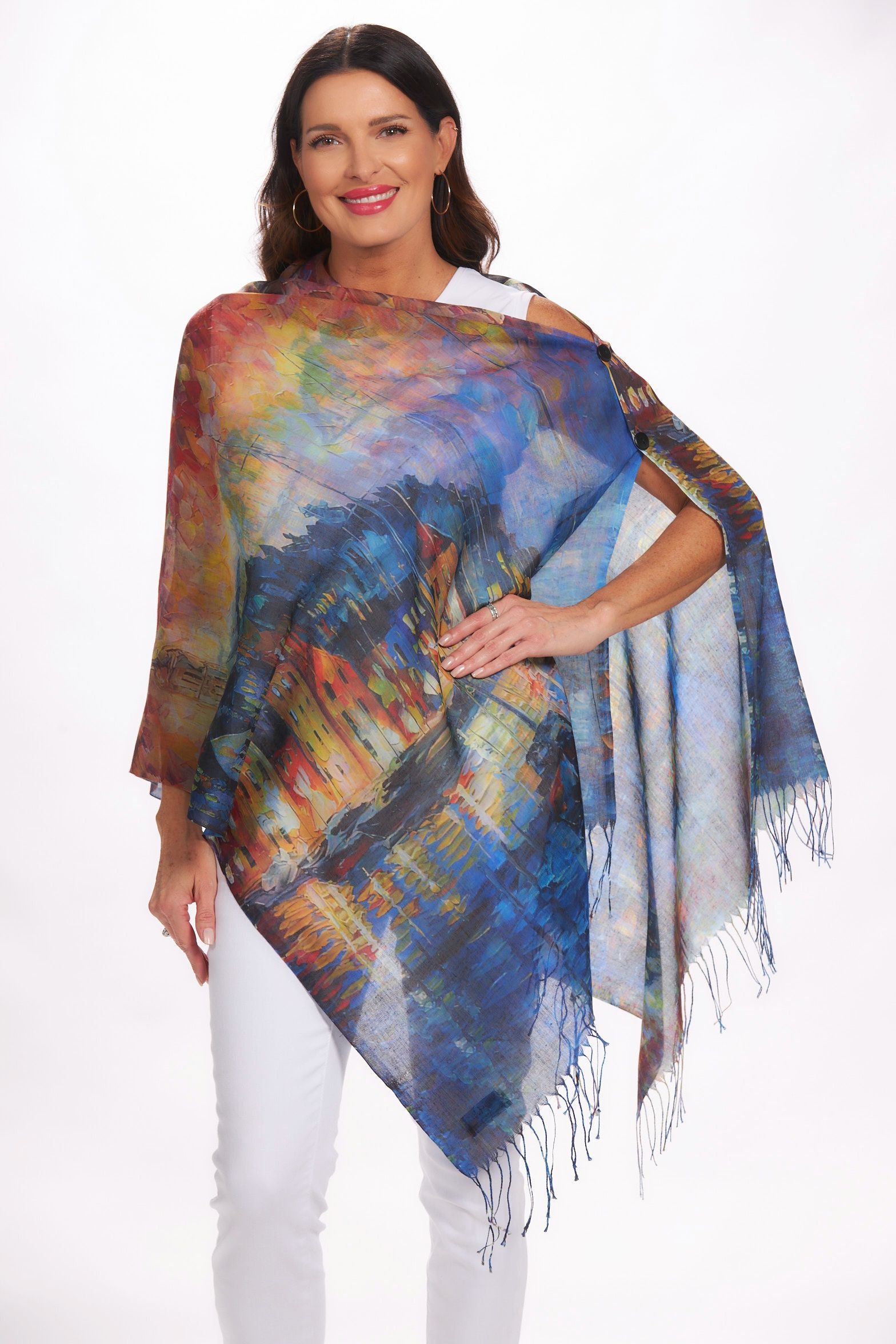 Front image of art design wrap. Yellow and blue printed houses.