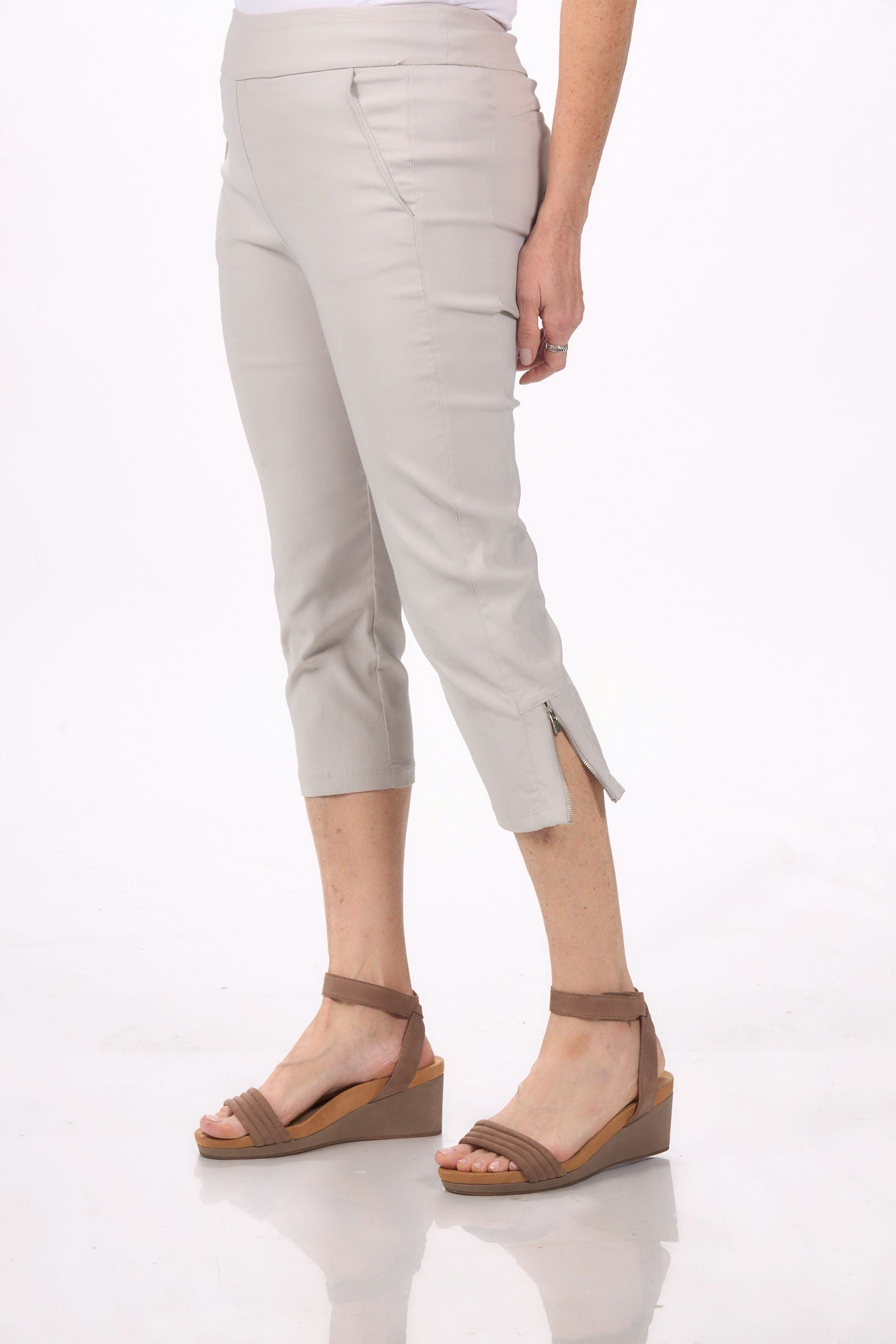 Side image of Tribal pull on You capri in grey mist.