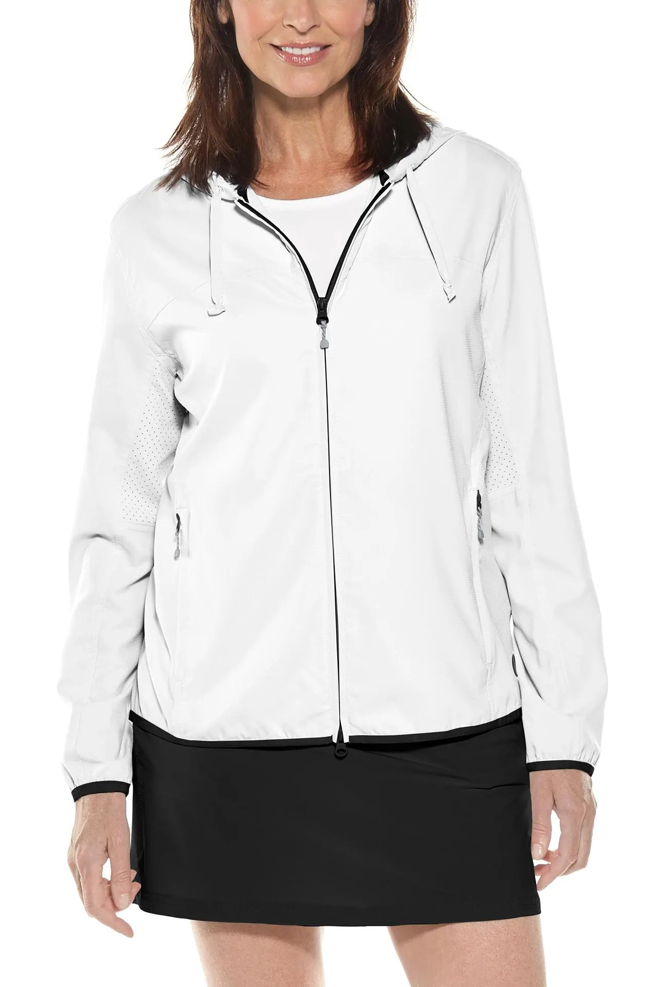 Front image of Coolibar Arcadian Packable Sunblock Jacket. Long sleeve hooded jacket in white by Coolibar.