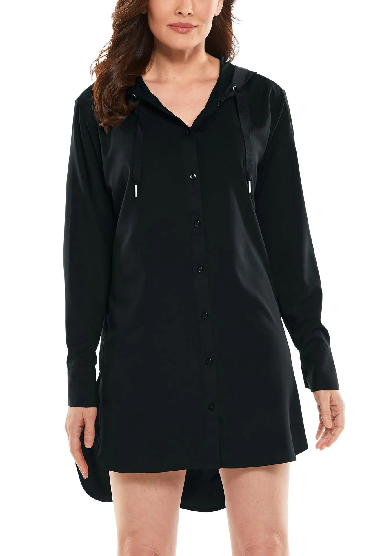 Front image of Coolibar palma aire beach shirt. Long sleeve black button front top.