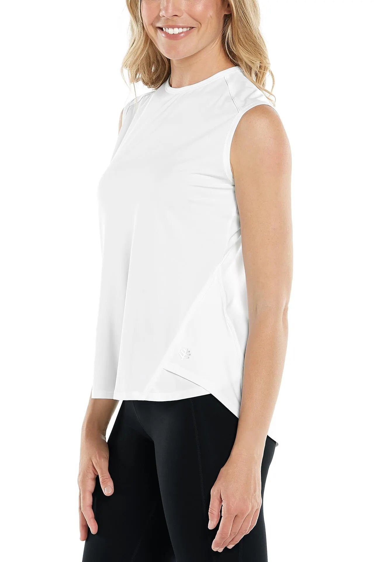 Front image of Coolibar Accelera tank. White sleeveless tank top.