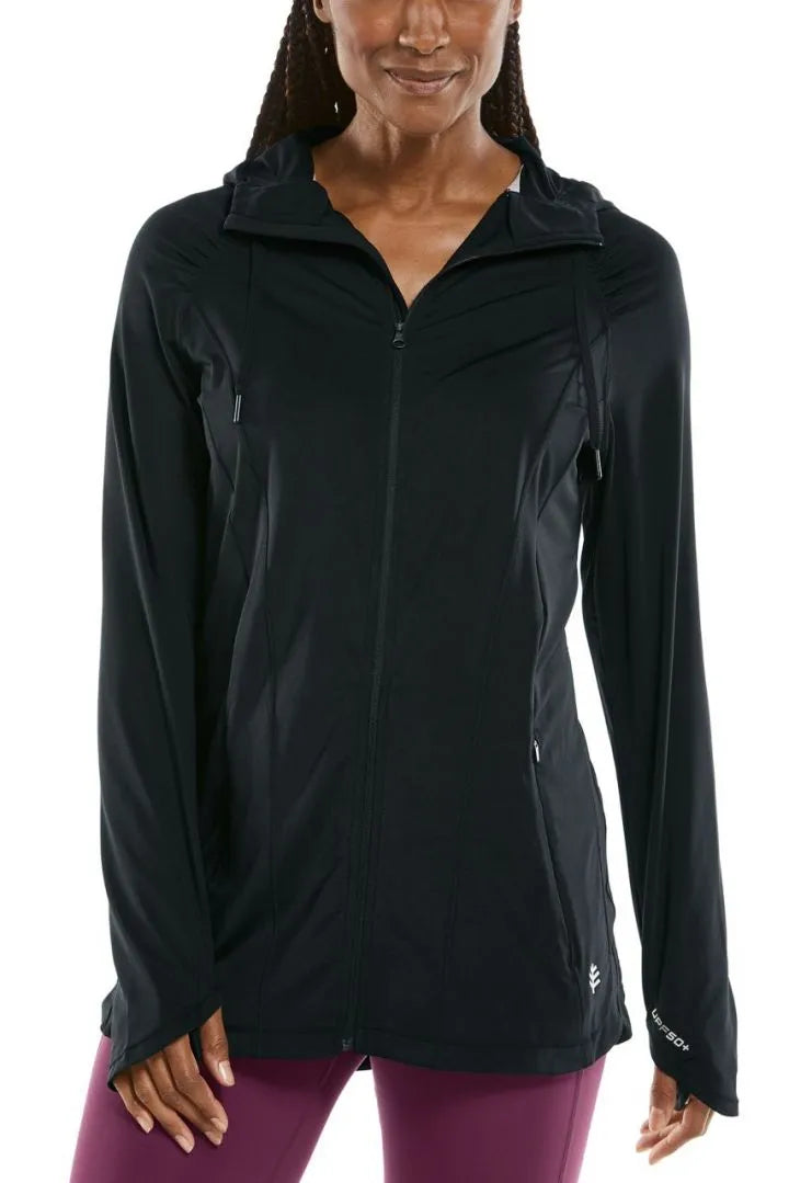 Front image of Coolibar astir full zip jacket. Black front zip jacket.