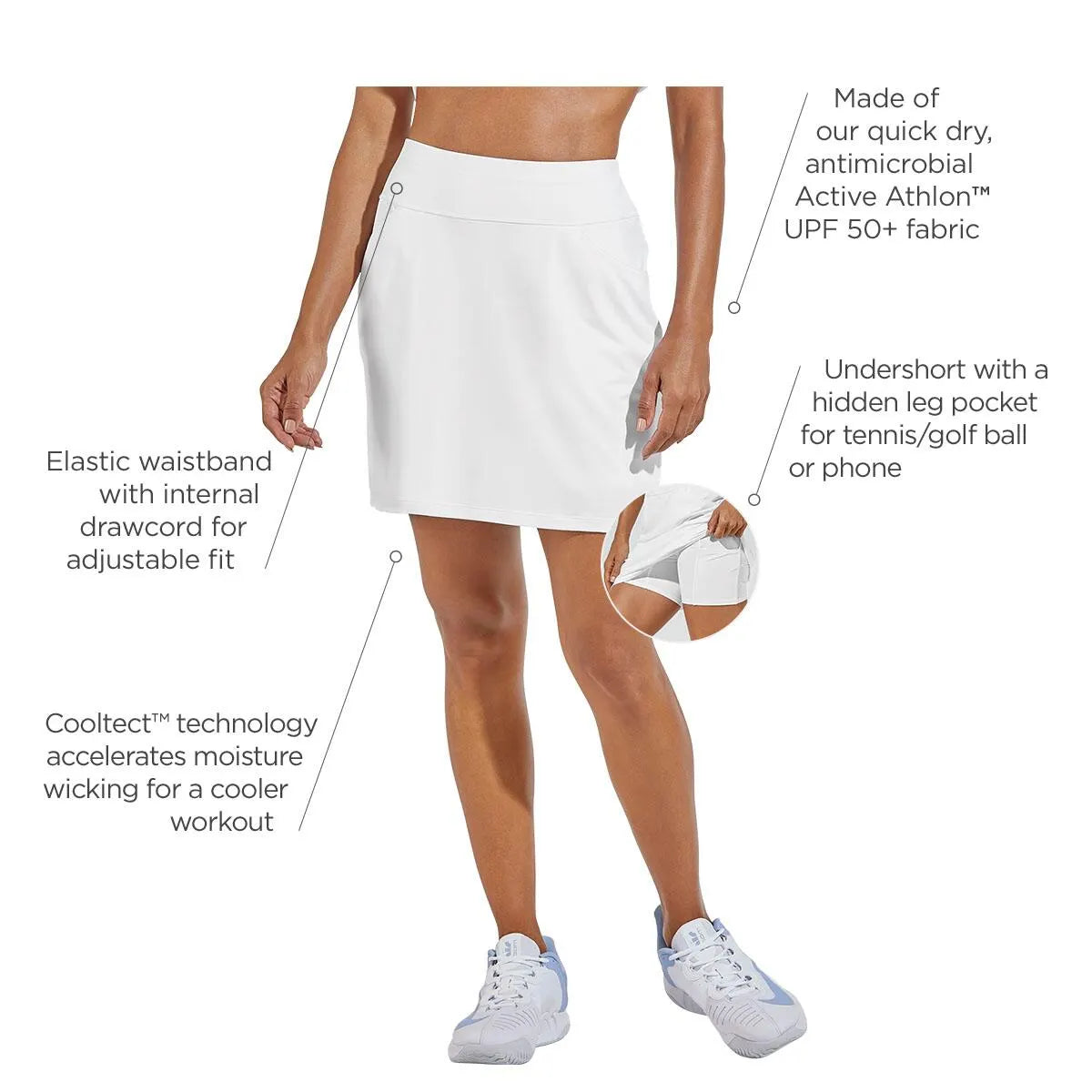Front image of Coolibar corta performance skort. Pull on skort in white.